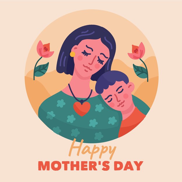 Нарисованная рукой иллюстрация Дня матери с мамой и сыном