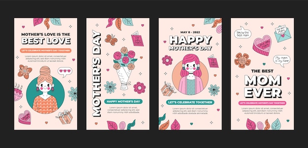 Vettore gratuito collezione di storie di instagram per la festa della mamma disegnata a mano