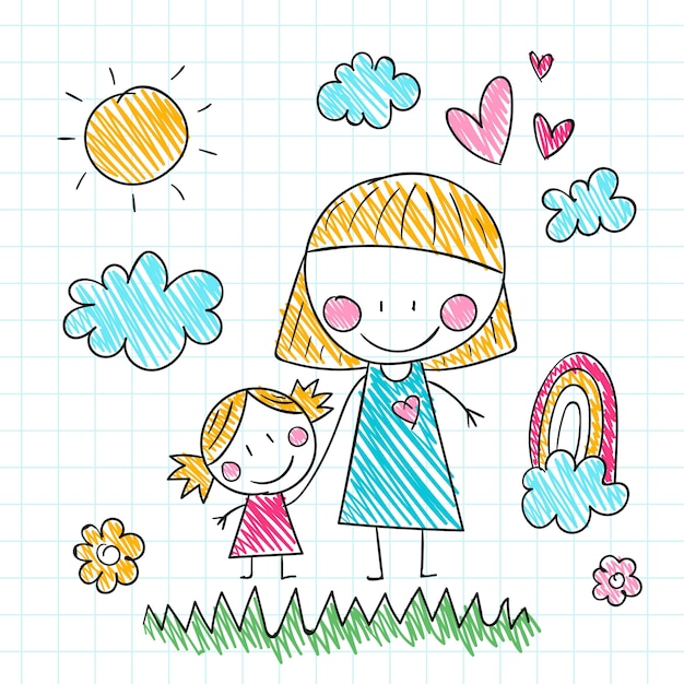 Hand drawn mothers day children drawings illustration