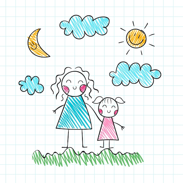 Hand drawn mothers day children drawings illustration