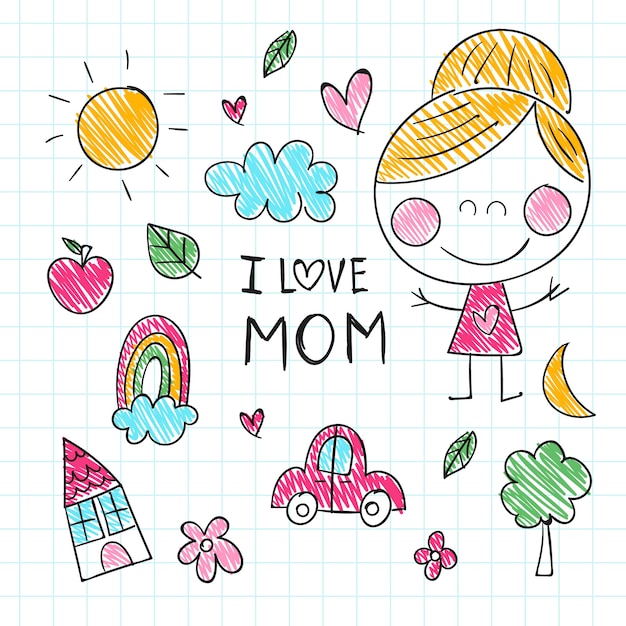 Hand drawn mothers day children drawings illustration