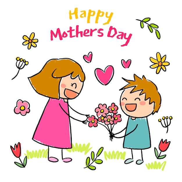 Hand drawn mothers day children drawings illustration