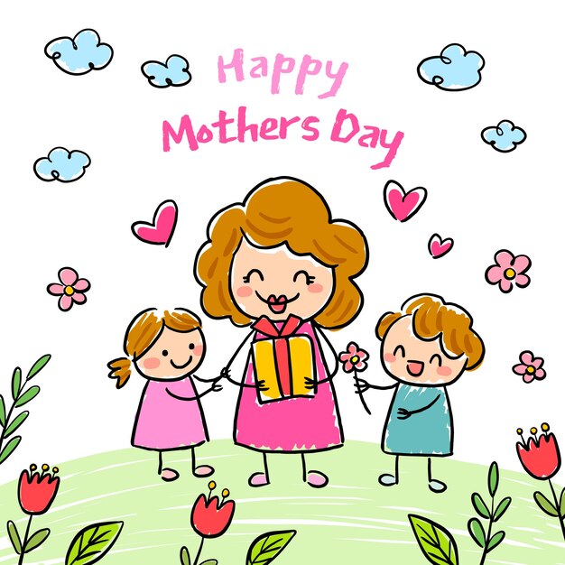 Hand drawn mothers day children drawings illustration