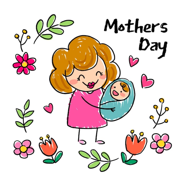 Бесплатное векторное изображение Ручной обращается день матери детские рисунки иллюстрации