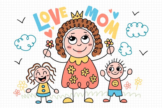 Hand drawn mothers day children drawings illustration