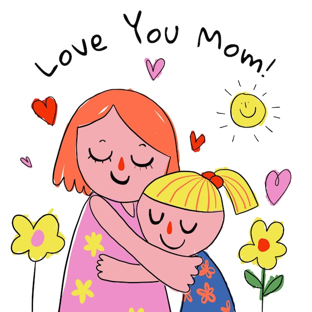 Бесплатное векторное изображение Ручной обращается день матери детские рисунки иллюстрации