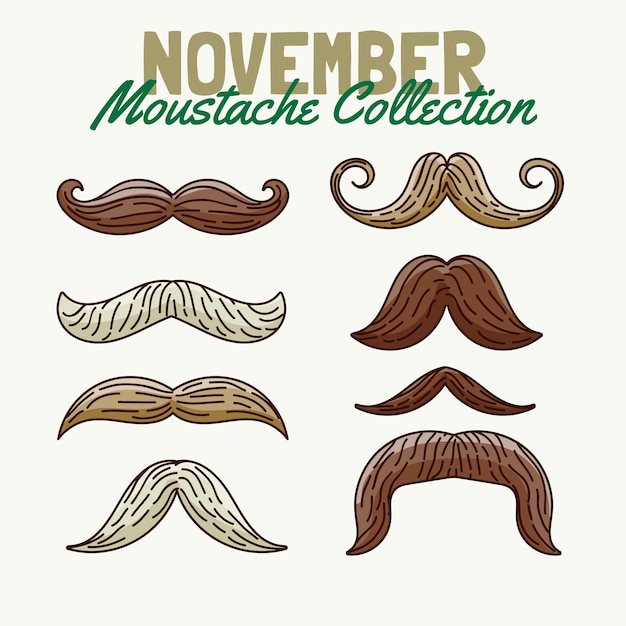 무료 벡터 손으로 그린 movember 인식 콧수염 컬렉션