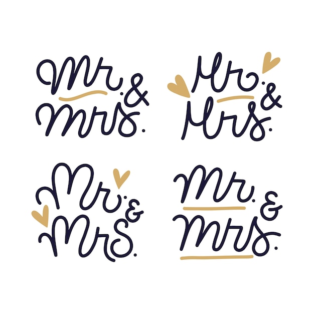 Vettore gratuito collezione di scritte mr e mrs disegnate a mano