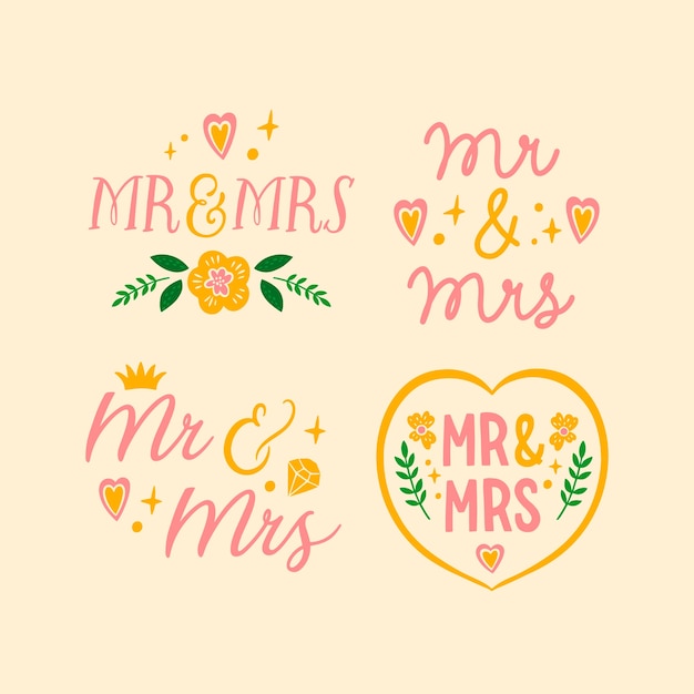 Free vector hand drawn mr and mrs lettering collection