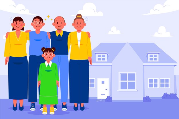 Hand drawn multigenerational home illustration