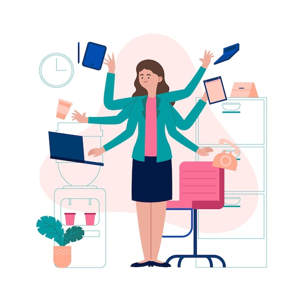 Free vector hand drawn multitask business woman illustrated