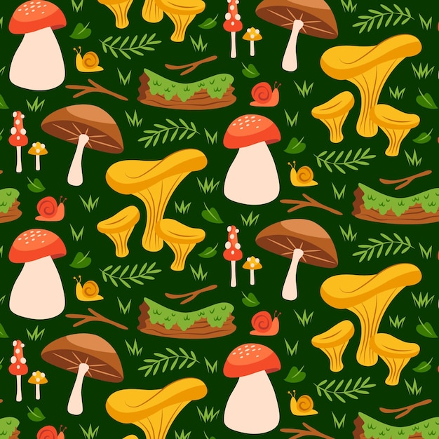 Free vector hand drawn mushroom and plants pattern