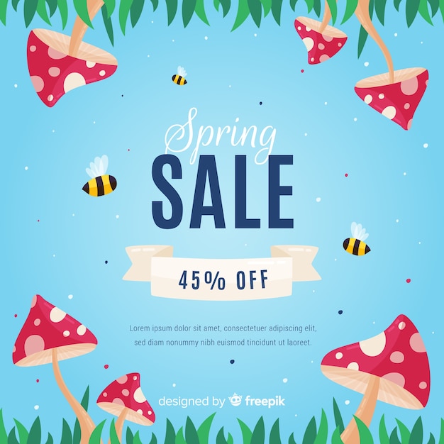 Hand drawn mushrooms spring sale background