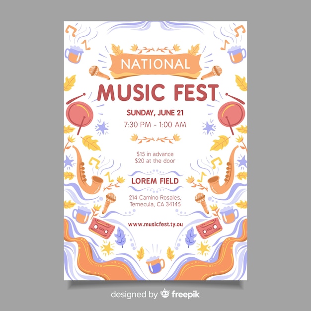 Free vector hand drawn music festival poster template