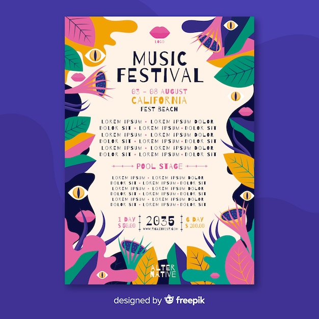 Free vector hand drawn music festival poster template