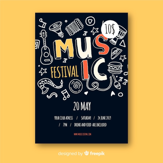 Vettore gratuito modello di manifesto festival musica disegnata a mano
