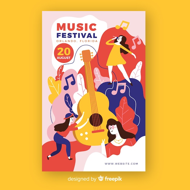 Нарисованный от руки музыкальный фестиваль плакат с гитарой