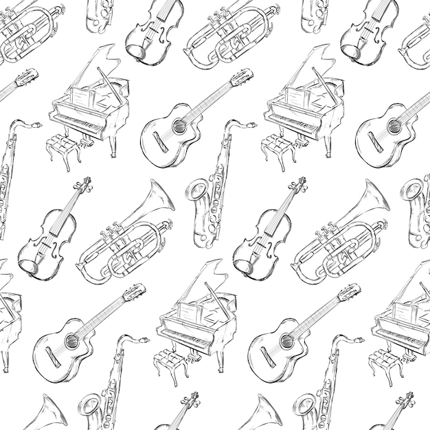 Hand drawn music instrument pattern background