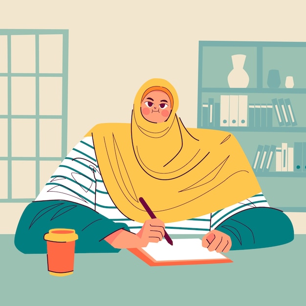Бесплатное векторное изображение Нарисованная рукой иллюстрация шаржа мусульманской девушки