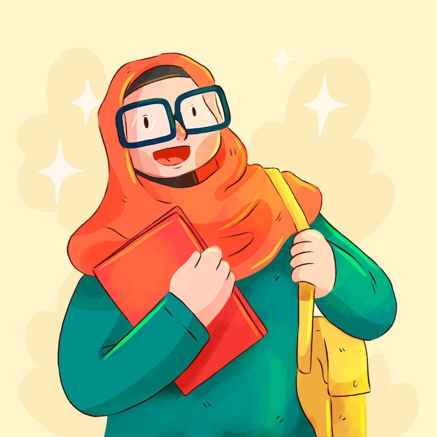 Hand drawn muslim girl education illustration