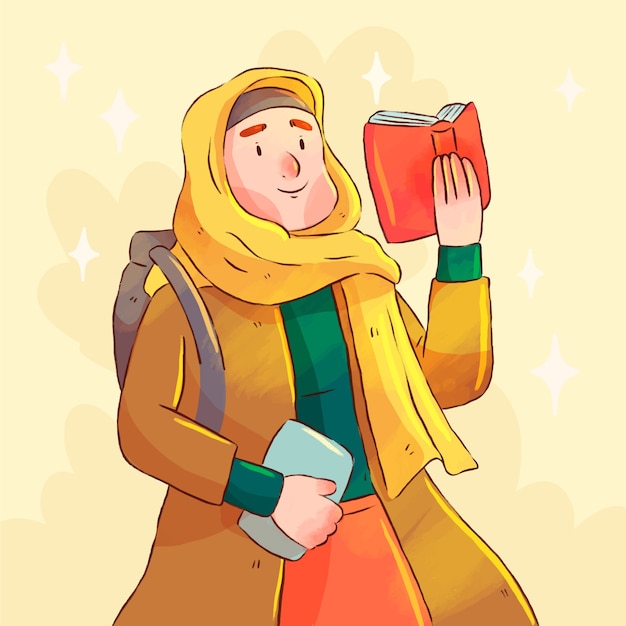 Hand drawn muslim girl education illustration