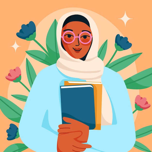 手描きのイスラム教徒の女の子の教育イラスト
