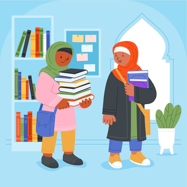 Hand drawn muslim girls education illustration