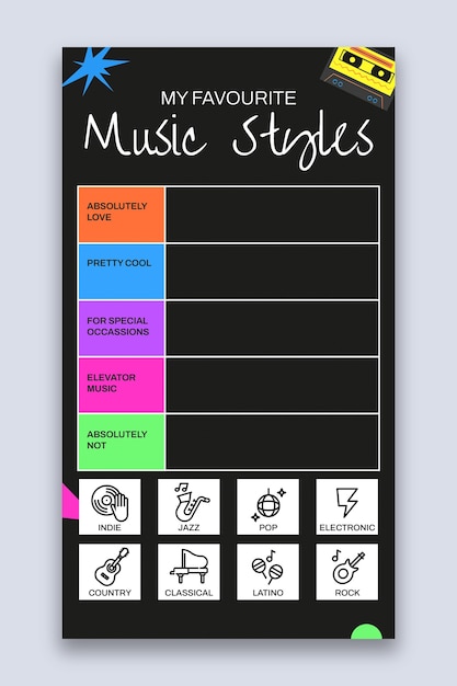 Hand drawn my favorite music styles vertical tier list