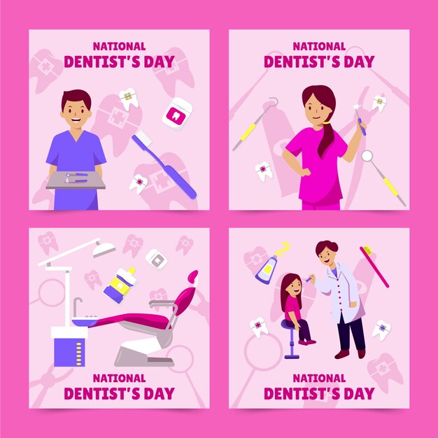 Нарисованная рукой коллекция постов в instagram к национальному дню стоматолога