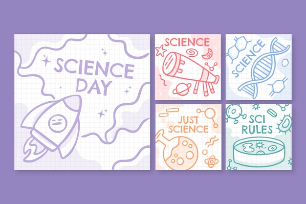 Vettore gratuito collezione di post di instagram per la giornata nazionale della scienza disegnata a mano