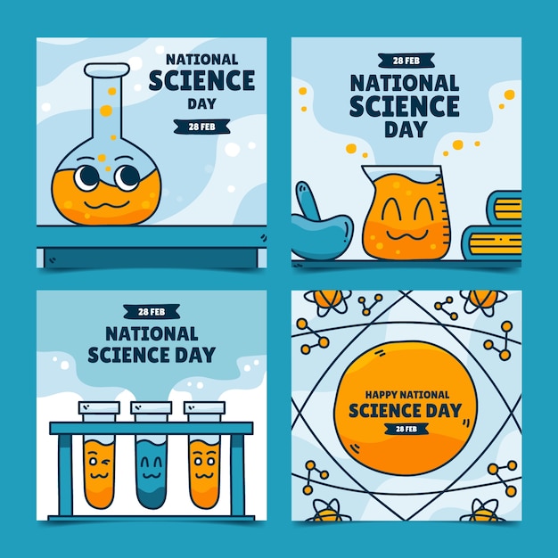 Hand drawn national science day instagram posts collection