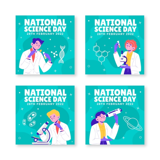 Collezione di post di instagram della giornata nazionale della scienza disegnata a mano