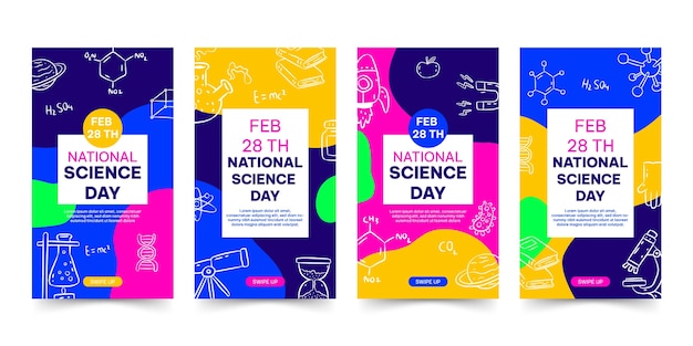 Free vector hand drawn national science day instagram stories collection