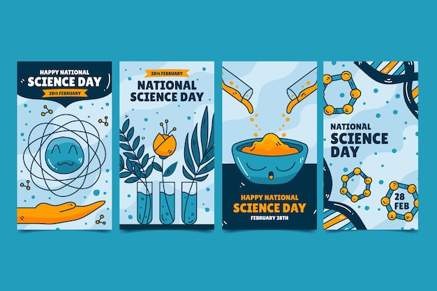 Free vector hand drawn national science day instagram stories collection