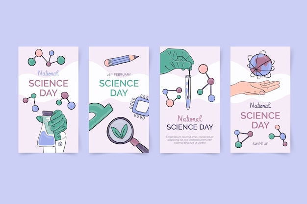 Free vector hand drawn national science day instagram stories collection