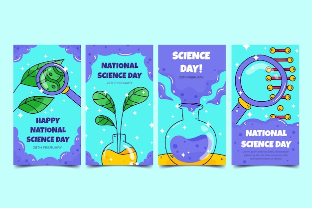 Free vector hand drawn national science day instagram stories collection