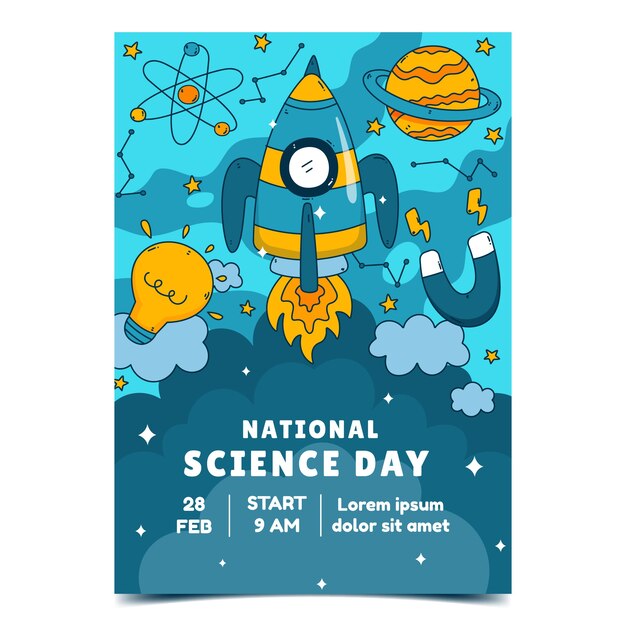 Нарисованный рукой шаблон вертикального плаката национального дня науки