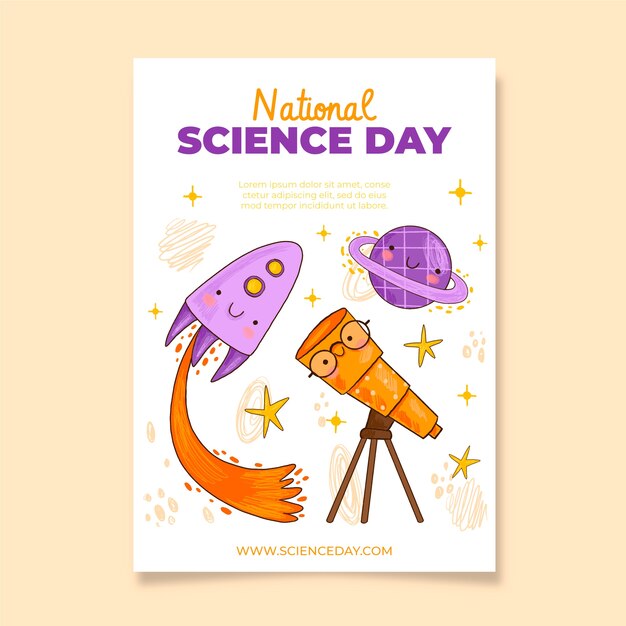 손으로 그린 국가 과학의 날 세로 포스터 템플릿