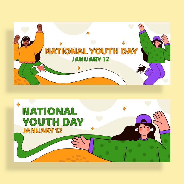 Hand drawn national youth day horizontal banners set