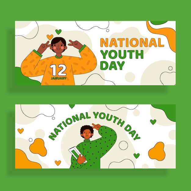 Hand drawn national youth day horizontal banners set