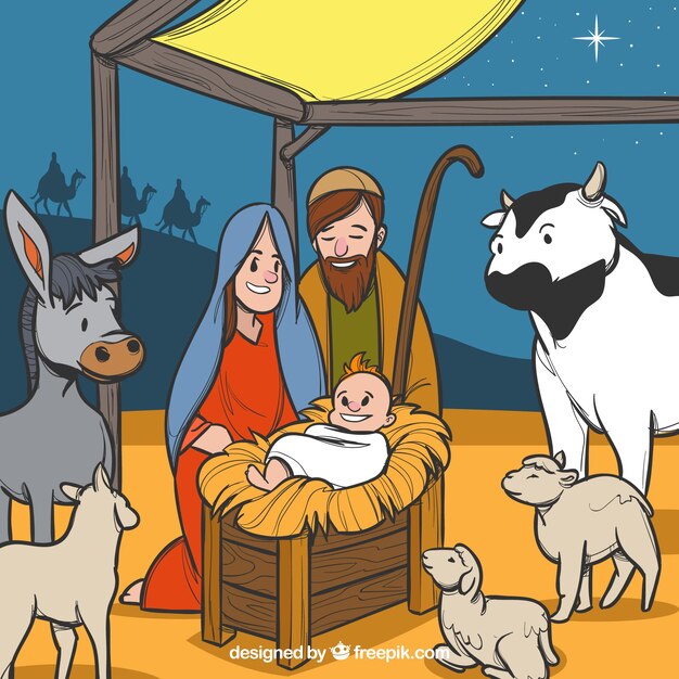 Hand drawn nativity scene with animals