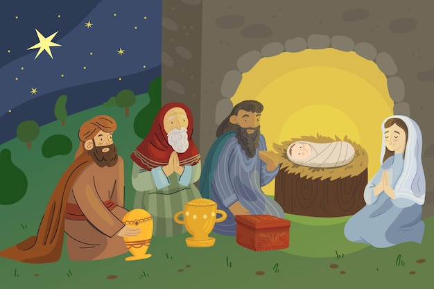 無料ベクター 手描きのキリスト降誕のシーン