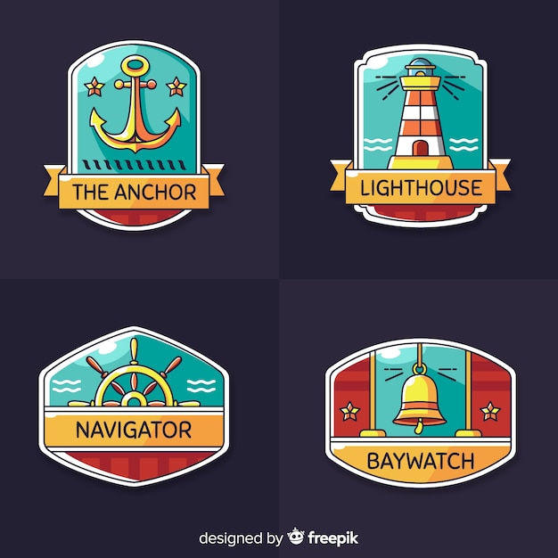 Vettore gratuito collezione di badge nautici disegnati a mano