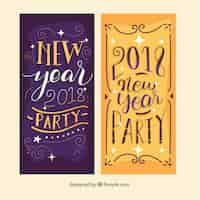 Free vector hand drawn new year 2018 party banners in purple and yellow