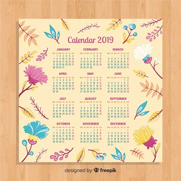 Calendario disegnato a mano del nuovo anno 2019