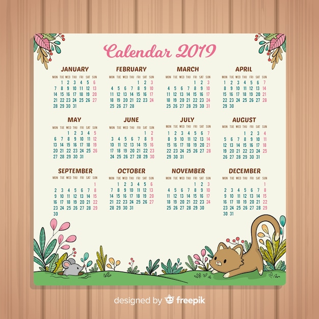 Calendario disegnato a mano del nuovo anno 2019