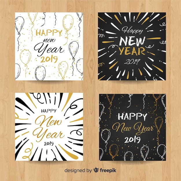 Free vector hand drawn new year 2019 cards set