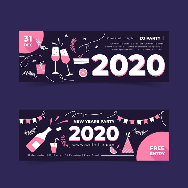 Hand drawn new year 2020 party banners template