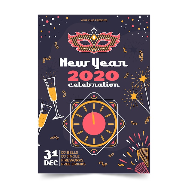 Hand drawn new year 2020 party poster template