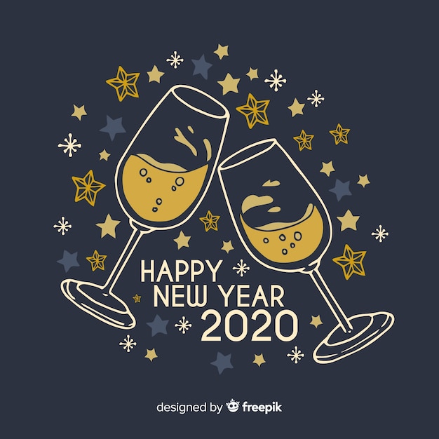 Hand drawn new year 2020 with glasses